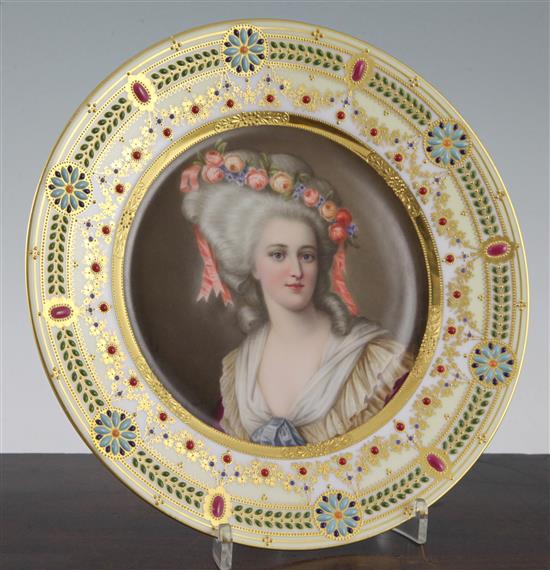 A Hutschenreuter jewelled cabinet plate, c.1910, painted by Wagner, 24cm